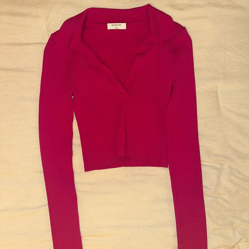 Babaton Sculpt Knit Polo Long Sleeve Granita Pink